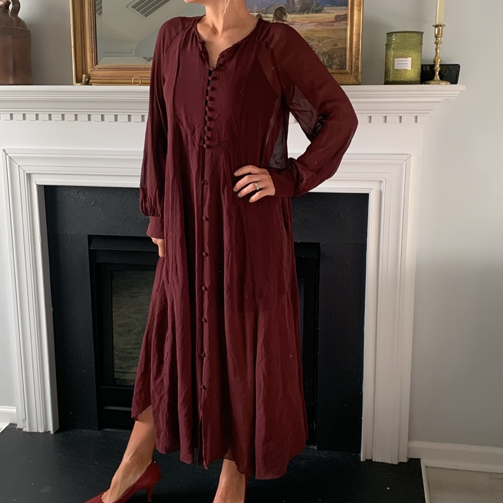 Dorothee Schumacher dress size 2 sheer maxi‎ Lind sleeves buttons brown luxury